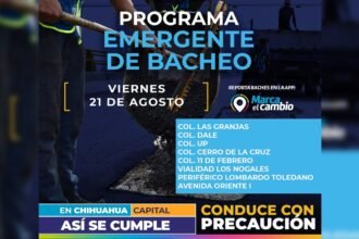Chihuahua realiza bacheo en ocho zonas este viernes 21 de agosto